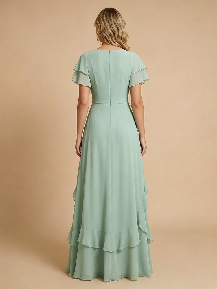 Chiffon A-Line V Neck Long Bridesmaid Dresses with Ruffles