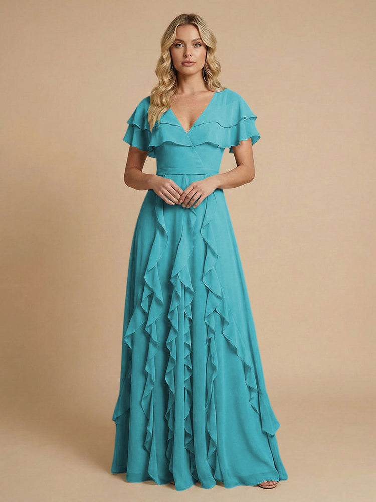 Chiffon A-Line V Neck Long Bridesmaid Dresses with Ruffles