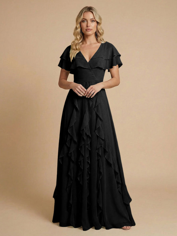 Chiffon A-Line V Neck Long Bridesmaid Dresses with Ruffles