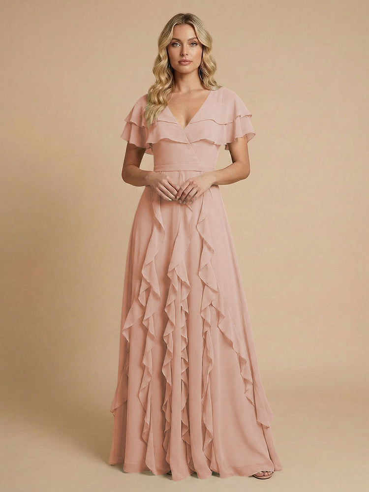 Chiffon A-Line V Neck Long Bridesmaid Dresses with Ruffles