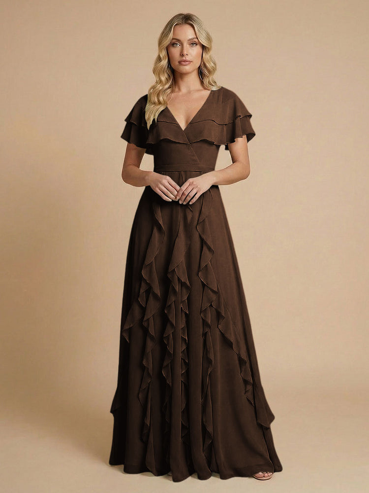 Chiffon A-Line V Neck Long Bridesmaid Dresses with Ruffles