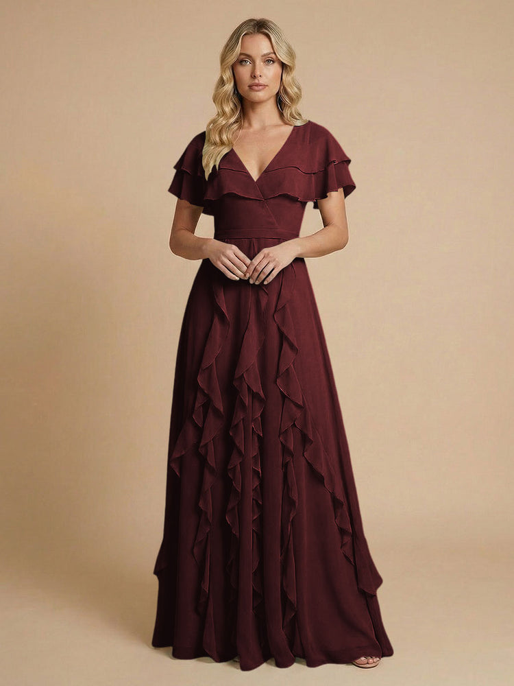 Chiffon A-Line V Neck Long Bridesmaid Dresses with Ruffles