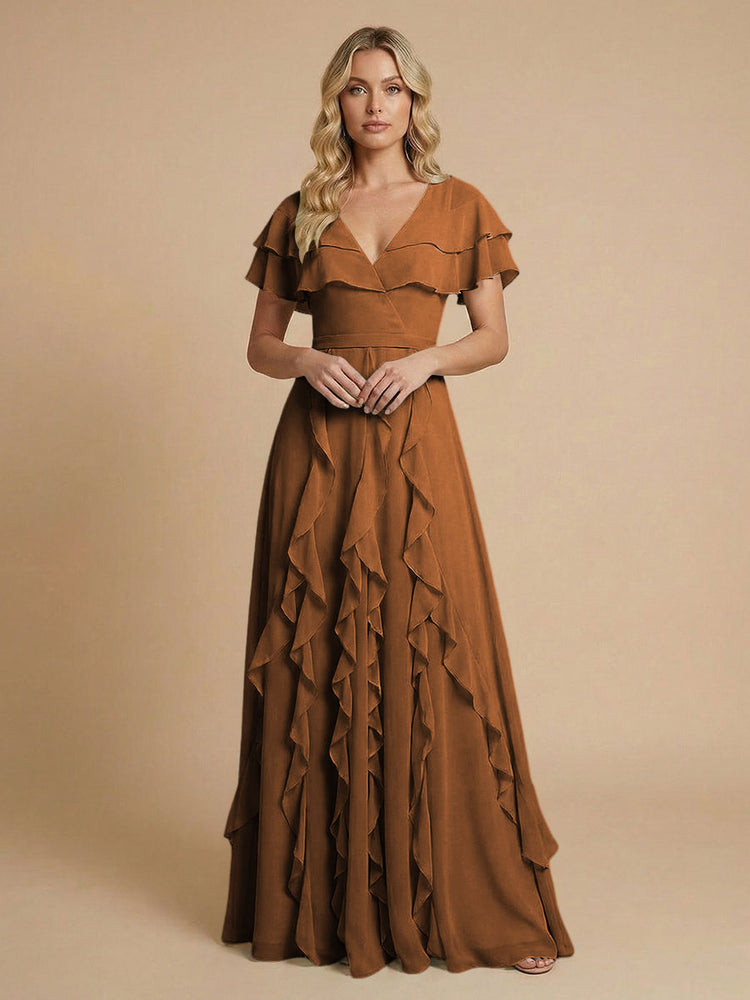 Chiffon A-Line V Neck Long Bridesmaid Dresses with Ruffles