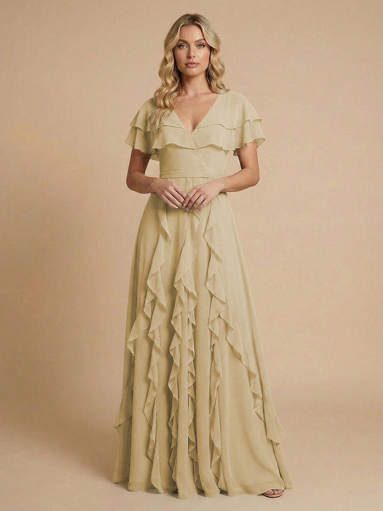 Chiffon A-Line V Neck Long Bridesmaid Dresses with Ruffles