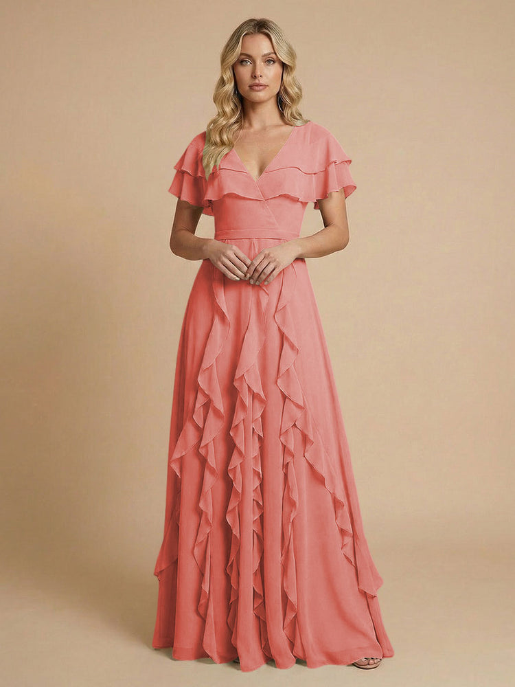 Chiffon A-Line V Neck Long Bridesmaid Dresses with Ruffles
