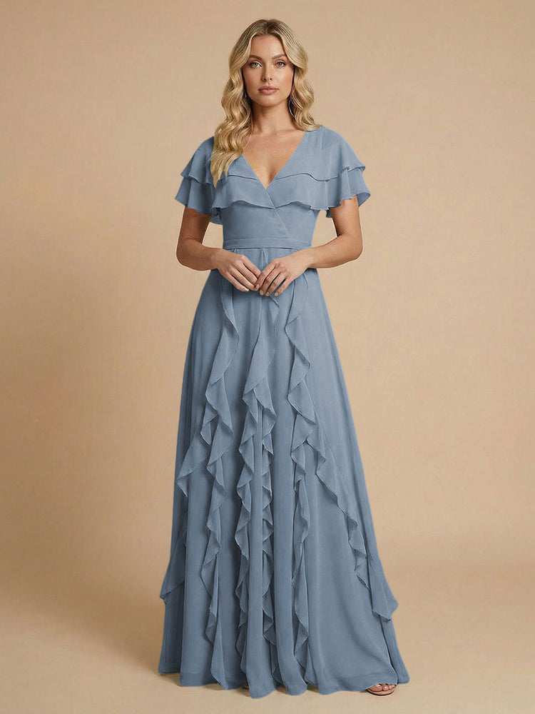 Chiffon A-Line V Neck Long Bridesmaid Dresses with Ruffles