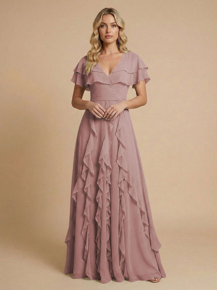 Chiffon A-Line V Neck Long Bridesmaid Dresses with Ruffles