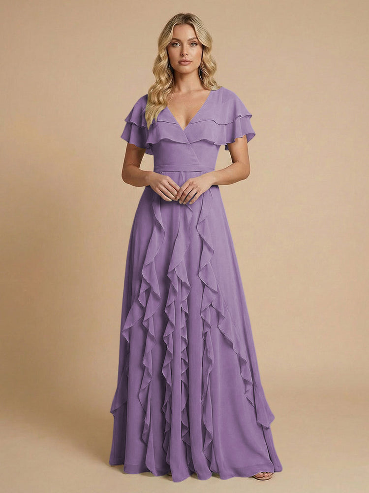 Chiffon A-Line V Neck Long Bridesmaid Dresses with Ruffles