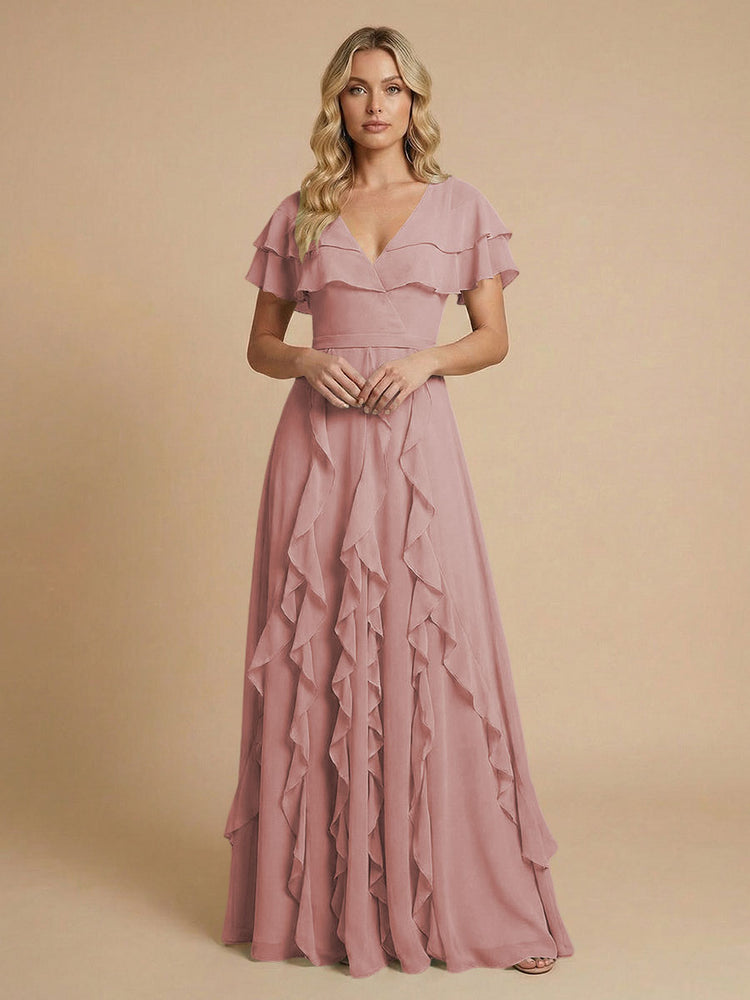 Chiffon A-Line V Neck Long Bridesmaid Dresses with Ruffles