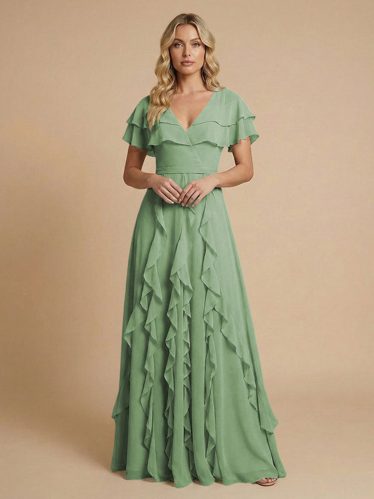 Chiffon A-Line V Neck Long Bridesmaid Dresses with Ruffles