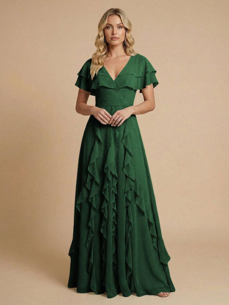 Chiffon A-Line V Neck Long Bridesmaid Dresses with Ruffles