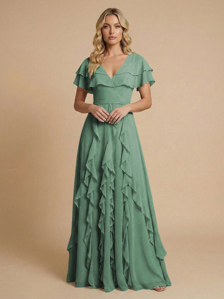 Chiffon A-Line V Neck Long Bridesmaid Dresses with Ruffles