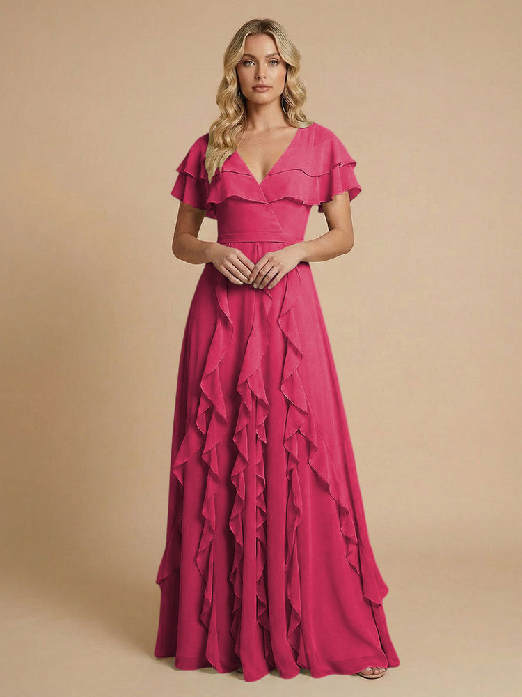 Chiffon A-Line V Neck Long Bridesmaid Dresses with Ruffles