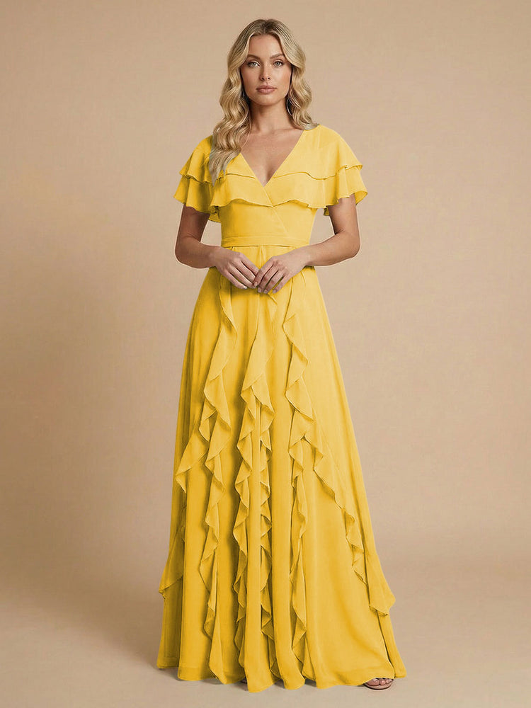 Chiffon A-Line V Neck Long Bridesmaid Dresses with Ruffles