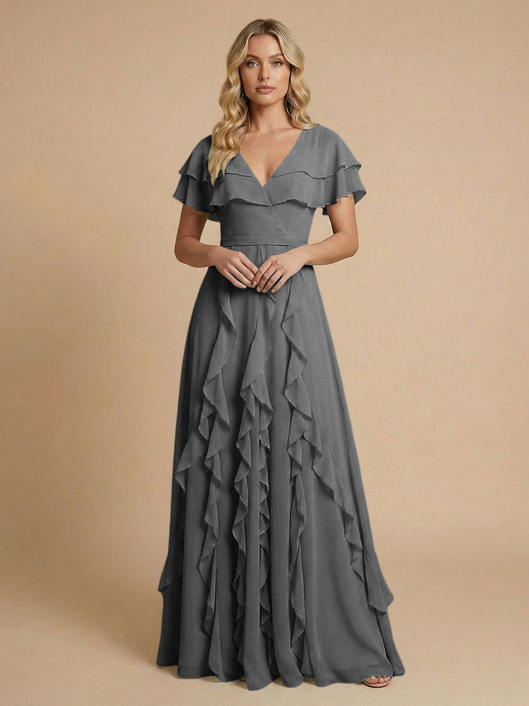 Chiffon A-Line V Neck Long Bridesmaid Dresses with Ruffles
