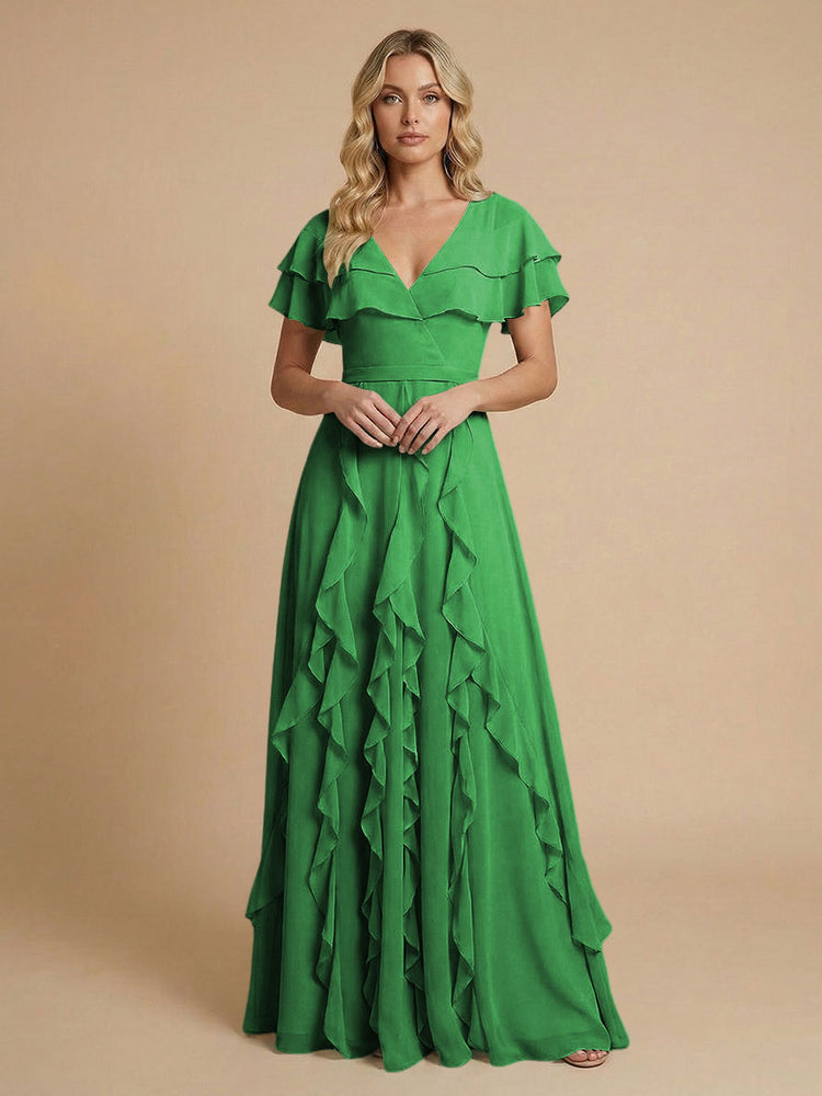 Chiffon A-Line V Neck Long Bridesmaid Dresses with Ruffles