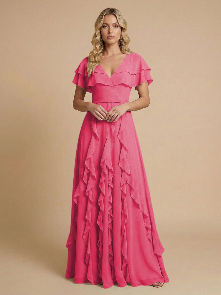 Chiffon A-Line V Neck Long Bridesmaid Dresses with Ruffles