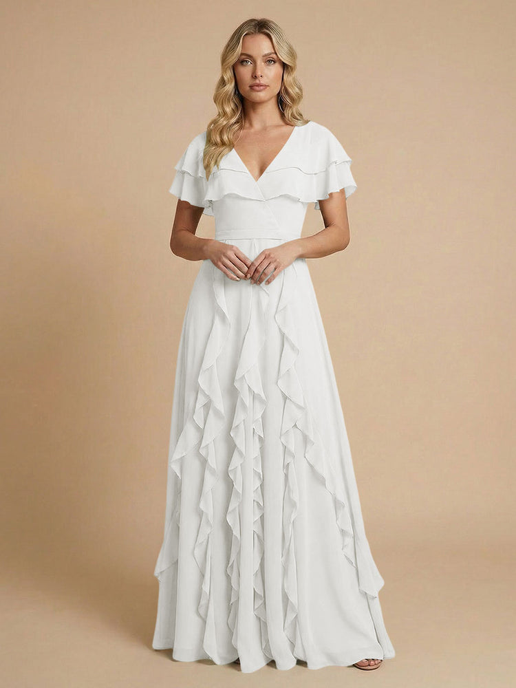 Chiffon A-Line V Neck Long Bridesmaid Dresses with Ruffles