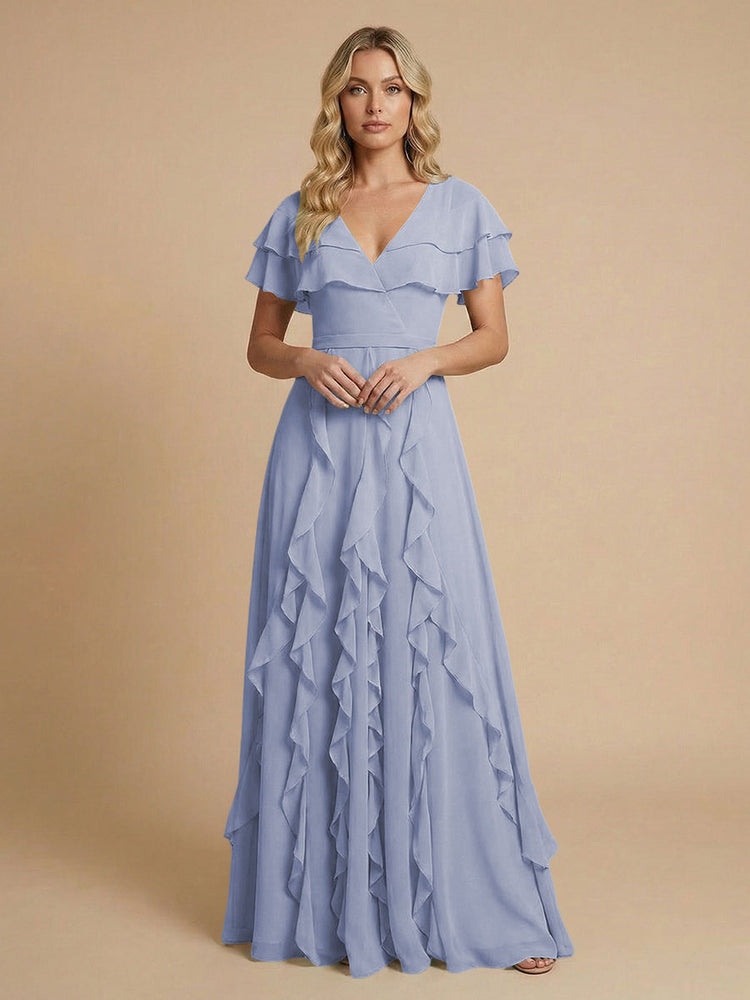 Chiffon A-Line V Neck Long Bridesmaid Dresses with Ruffles