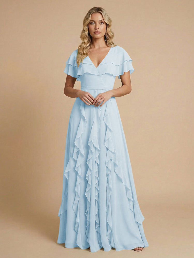 Chiffon A-Line V Neck Long Bridesmaid Dresses with Ruffles