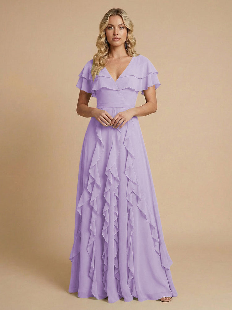Chiffon A-Line V Neck Long Bridesmaid Dresses with Ruffles