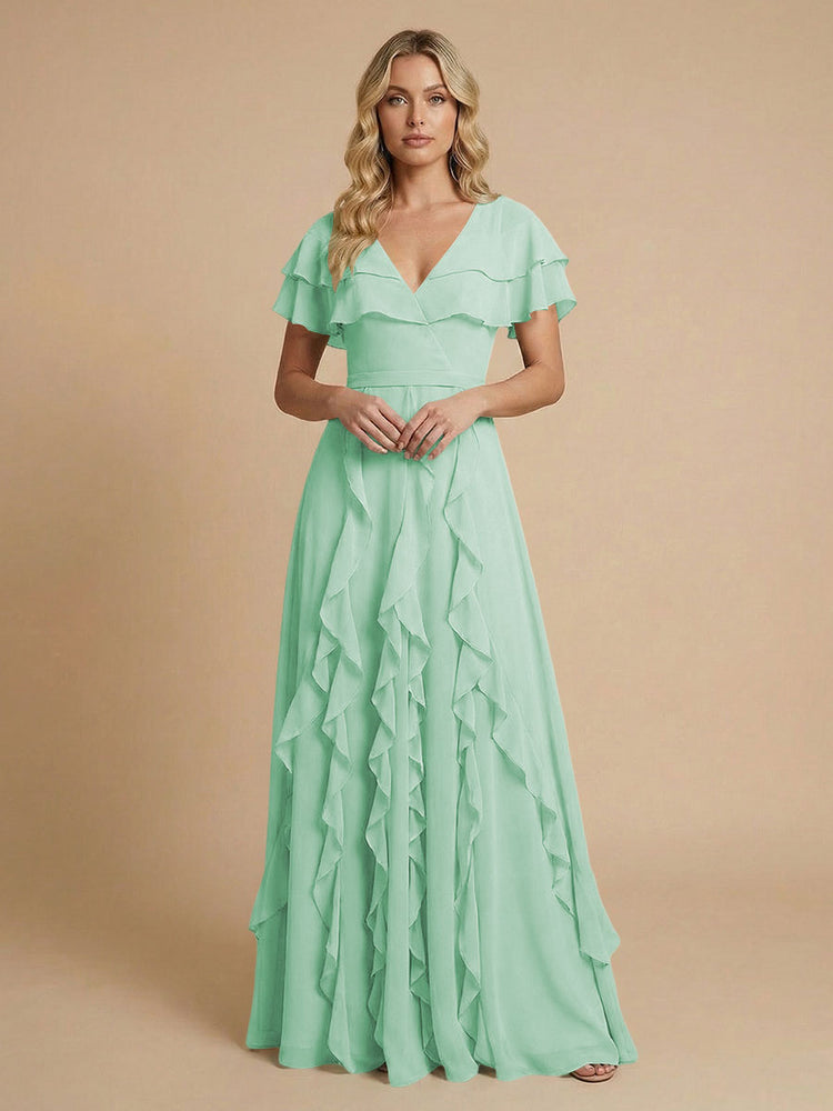 Chiffon A-Line V Neck Long Bridesmaid Dresses with Ruffles