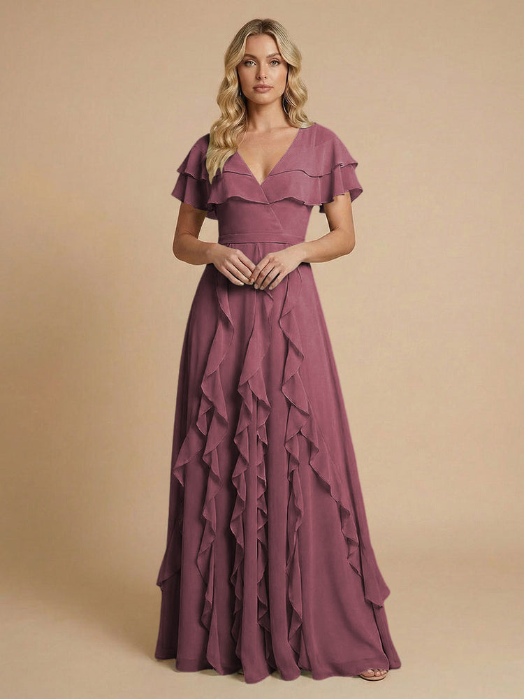 Chiffon A-Line V Neck Long Bridesmaid Dresses with Ruffles