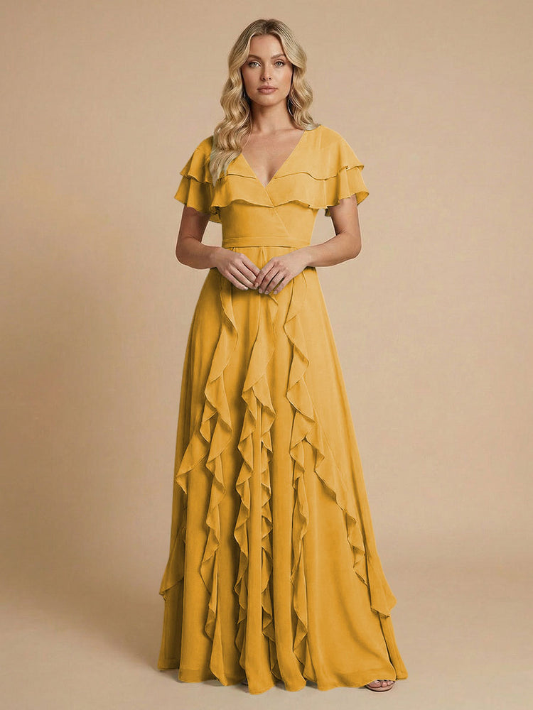 Chiffon A-Line V Neck Long Bridesmaid Dresses with Ruffles