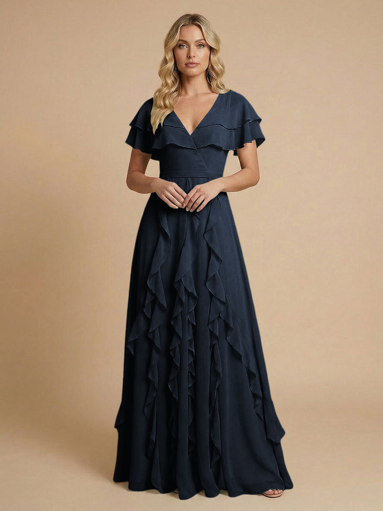 Chiffon A-Line V Neck Long Bridesmaid Dresses with Ruffles