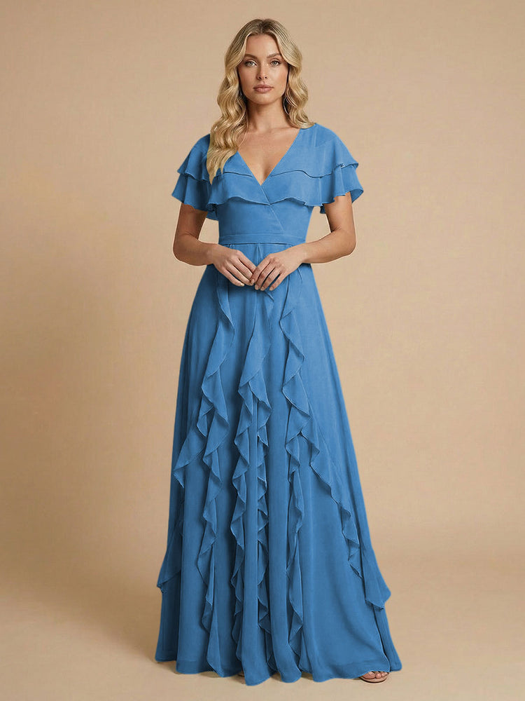 Chiffon A-Line V Neck Long Bridesmaid Dresses with Ruffles