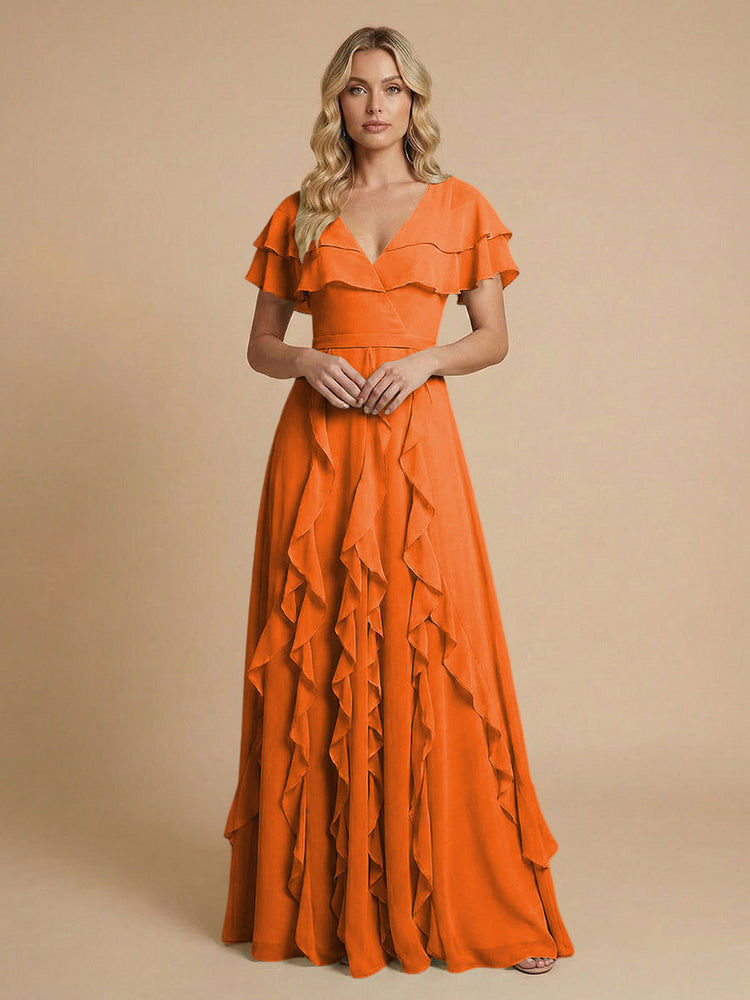 Chiffon A-Line V Neck Long Bridesmaid Dresses with Ruffles