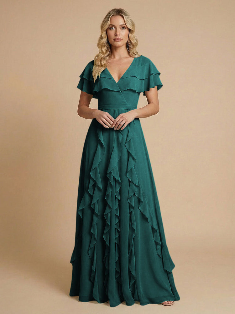 Chiffon A-Line V Neck Long Bridesmaid Dresses with Ruffles