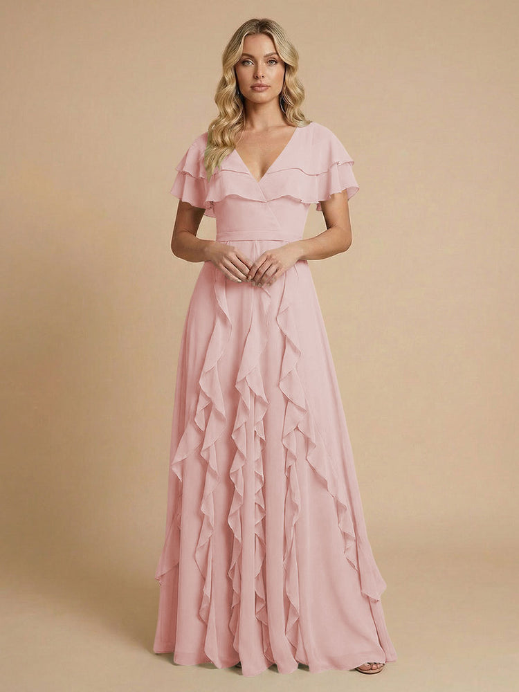 Chiffon A-Line V Neck Long Bridesmaid Dresses with Ruffles