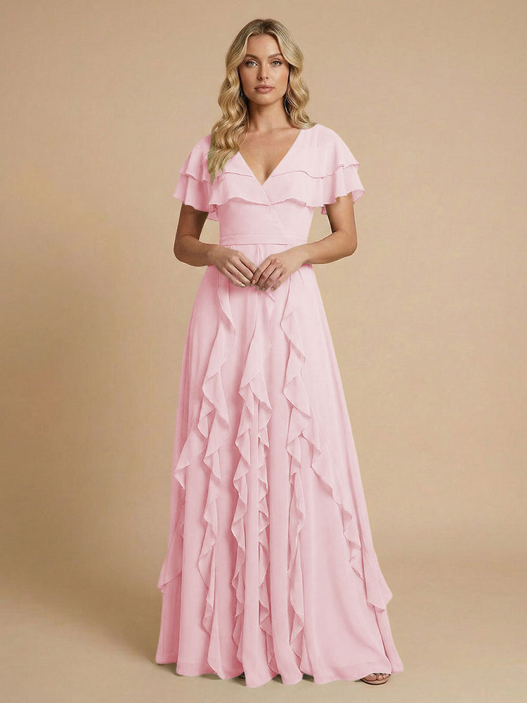 Chiffon A-Line V Neck Long Bridesmaid Dresses with Ruffles