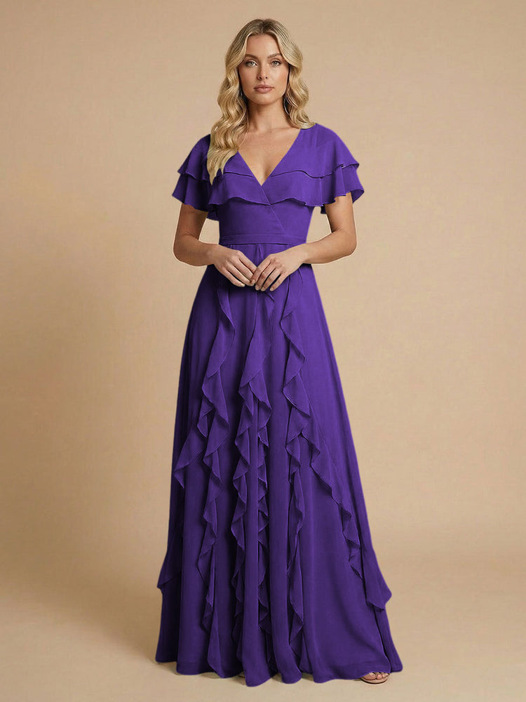 Chiffon A-Line V Neck Long Bridesmaid Dresses with Ruffles