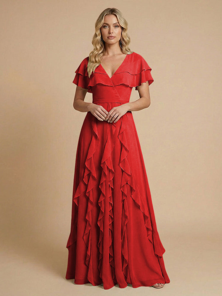 Chiffon A-Line V Neck Long Bridesmaid Dresses with Ruffles