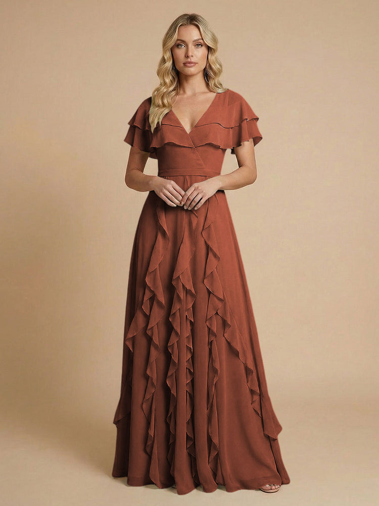 Chiffon A-Line V Neck Long Bridesmaid Dresses with Ruffles