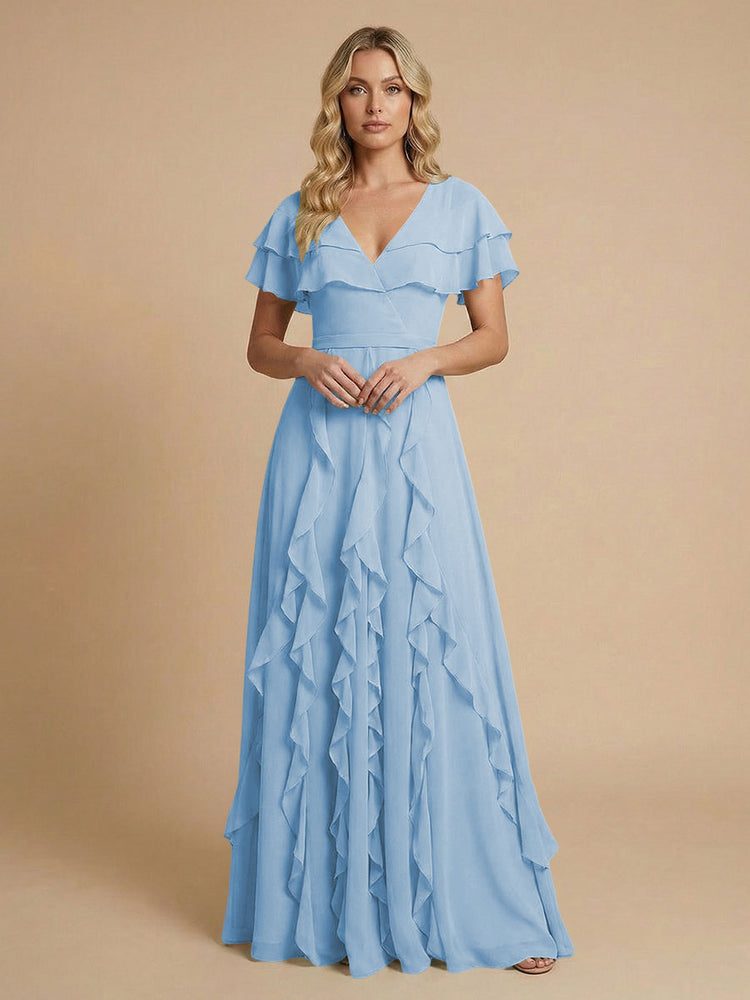 Chiffon A-Line V Neck Long Bridesmaid Dresses with Ruffles