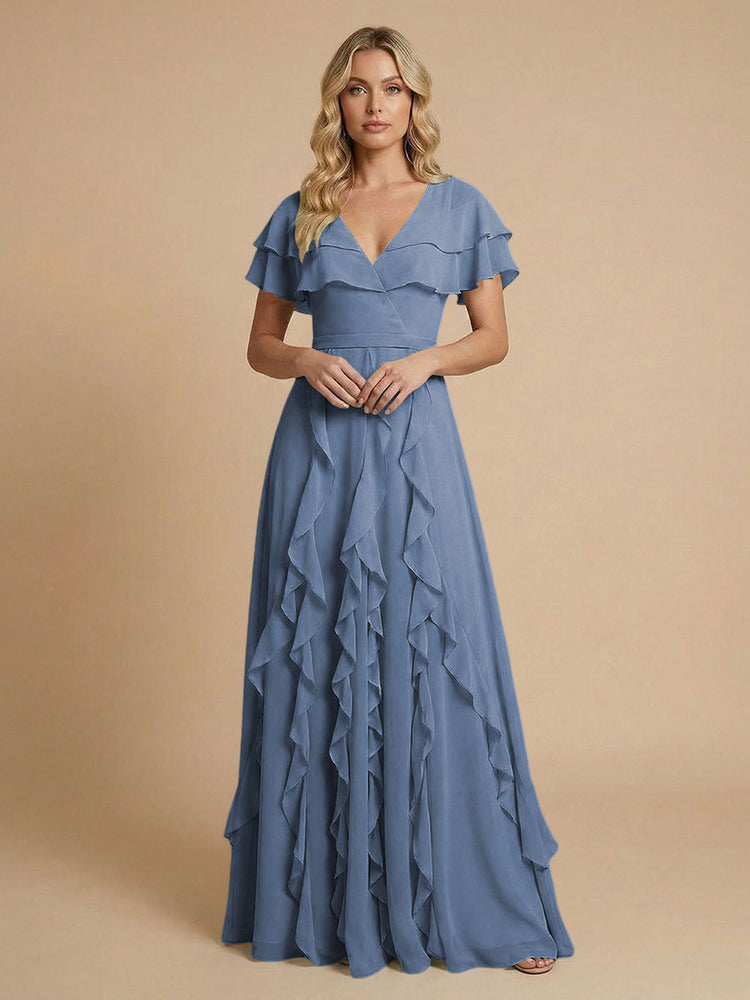 Chiffon A-Line V Neck Long Bridesmaid Dresses with Ruffles