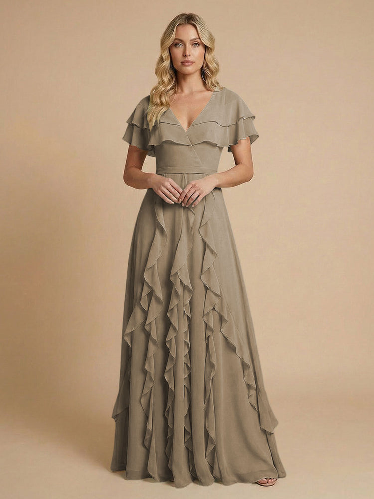 Chiffon A-Line V Neck Long Bridesmaid Dresses with Ruffles