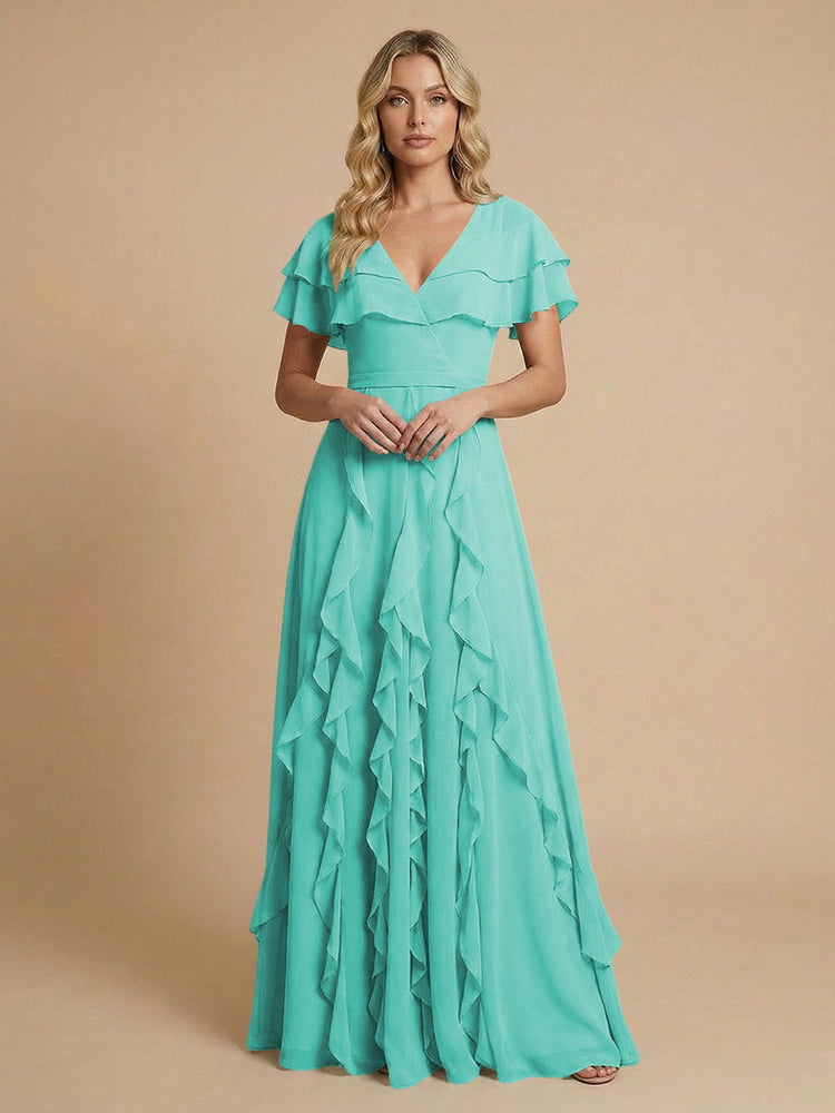 Chiffon A-Line V Neck Long Bridesmaid Dresses with Ruffles