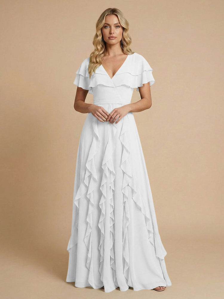 Chiffon A-Line V Neck Long Bridesmaid Dresses with Ruffles