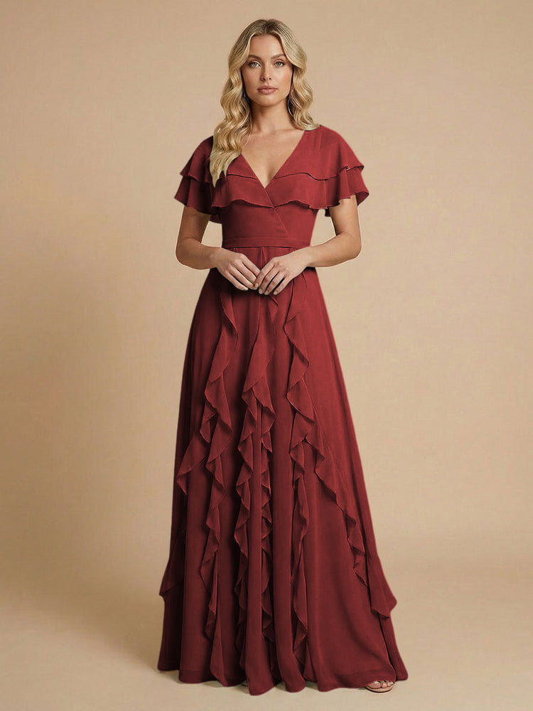Chiffon A-Line V Neck Long Bridesmaid Dresses with Ruffles