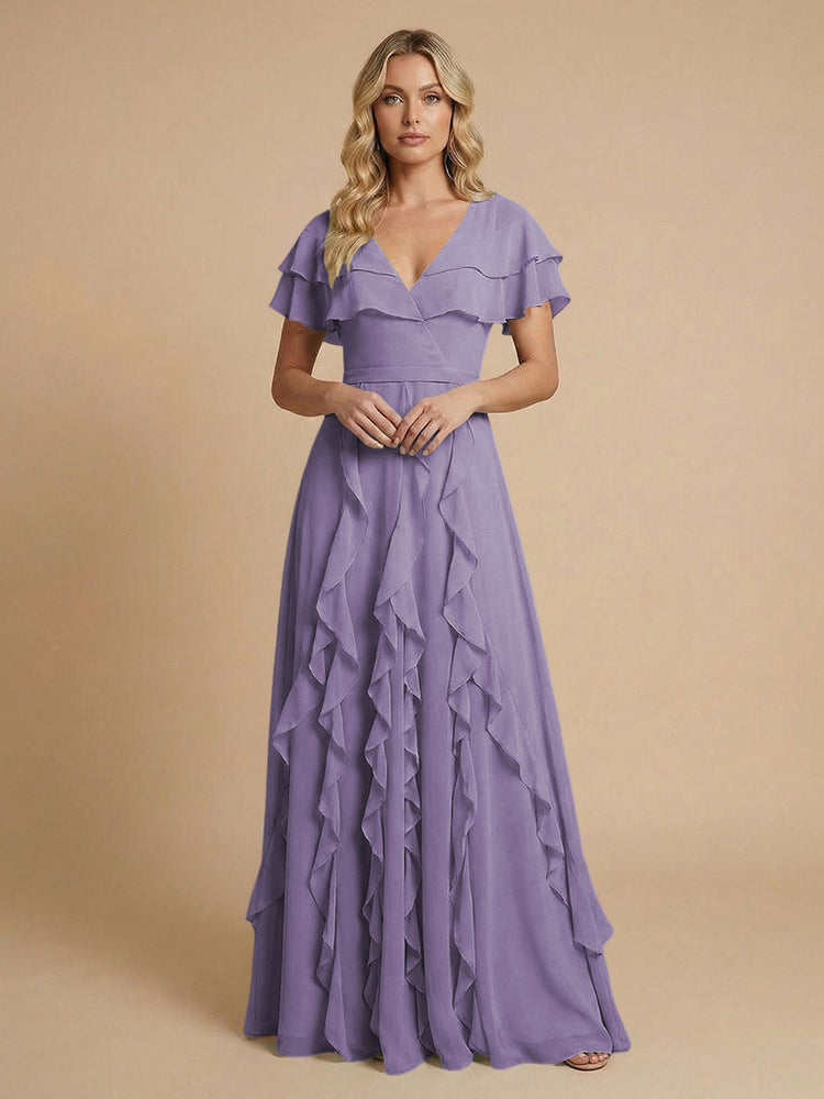 Chiffon A-Line V Neck Long Bridesmaid Dresses with Ruffles