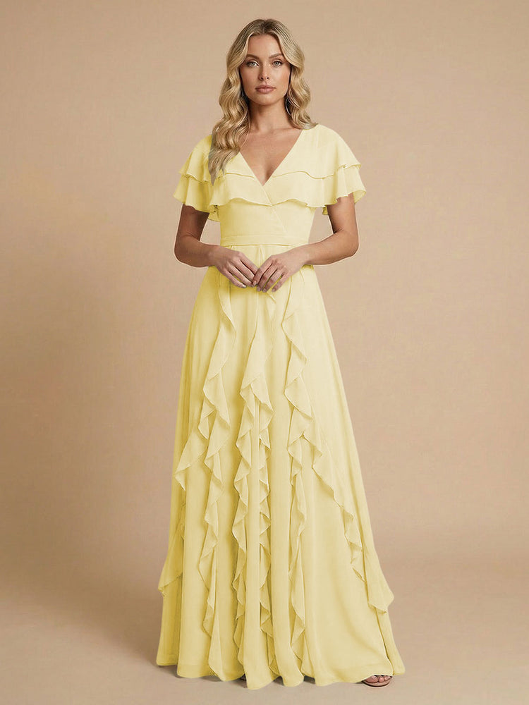 Chiffon A-Line V Neck Long Bridesmaid Dresses with Ruffles