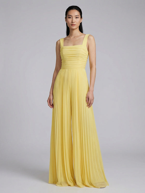 Chiffon Pantsuit Square Neck Long Bridesmaid Dresses with Pleats