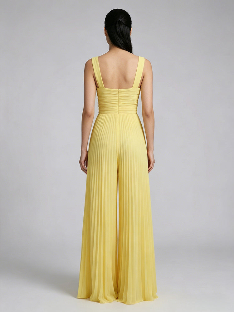 Chiffon Pantsuit Square Neck Long Bridesmaid Dresses with Pleats
