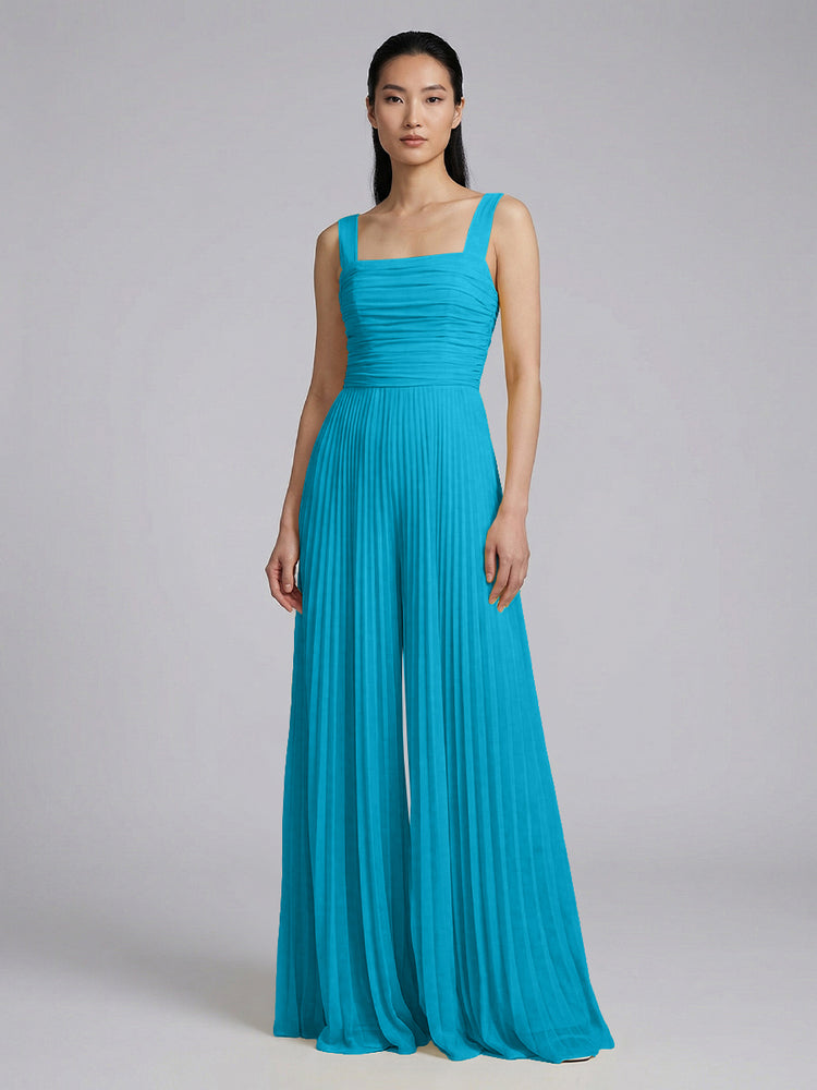 Chiffon Pantsuit Square Neck Long Bridesmaid Dresses with Pleats