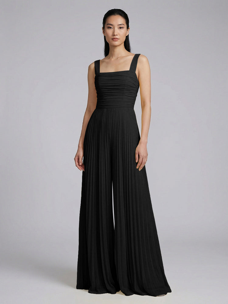 Chiffon Pantsuit Square Neck Long Bridesmaid Dresses with Pleats