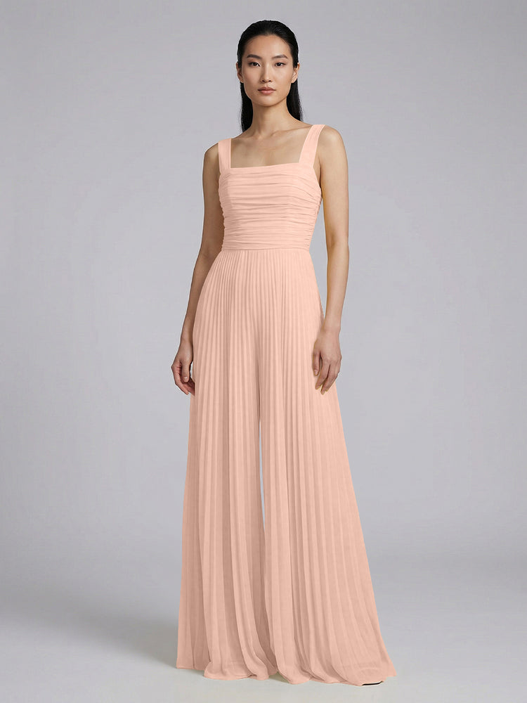 Chiffon Pantsuit Square Neck Long Bridesmaid Dresses with Pleats